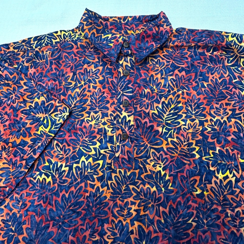Pete Huntington Bali Batik Polo Shirt Mens XL Blue Orange Red Leaf Camp Pullover